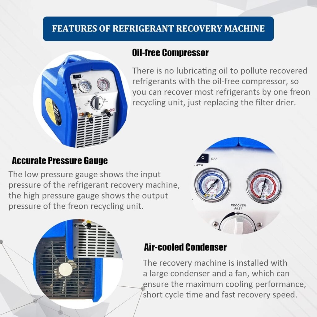 3/4 HP Single Cylinder Refrigerant Recovery Machine, 110V 60Hz Portable Oil-Free Freon Recycling Unit for Liquid Refrigerant and Vapor, for Air System