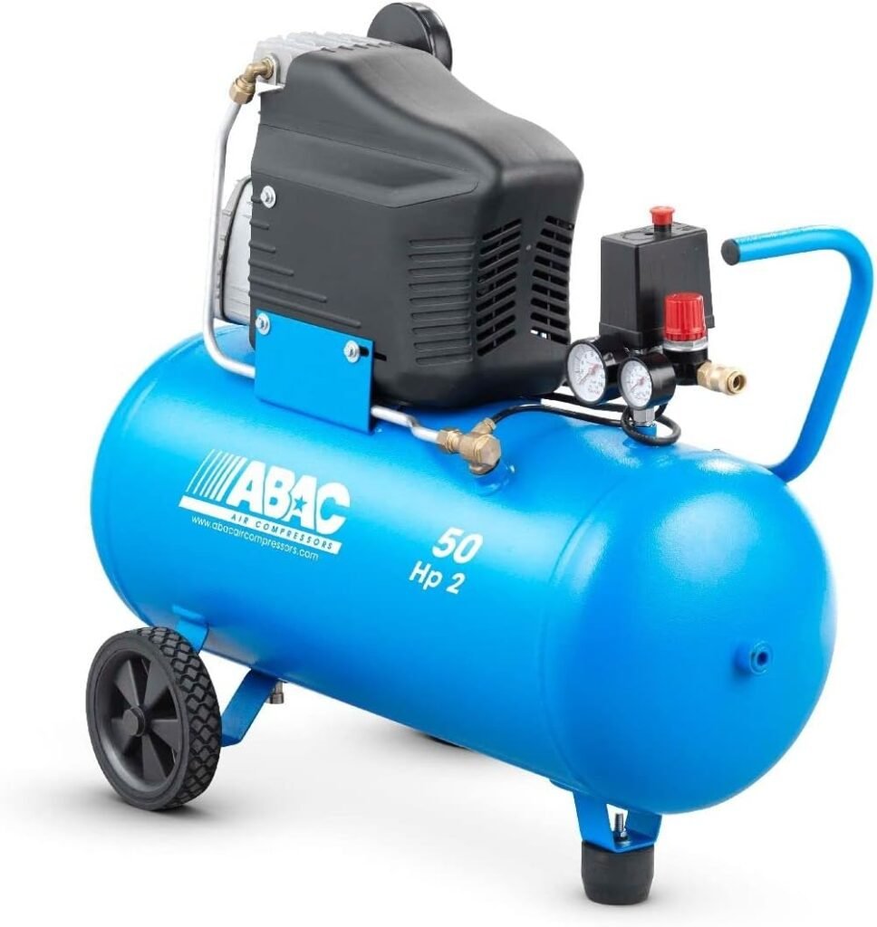 ABAC Pro Montecarlo L20 Air Compressor, Air Compressor, 50 Liters, Double Pressure Gauge, Max Pressure 10 Bar, Oil Injection, Transport Wheels, Power 2 CV, Sky Blue          [Energy Class B]