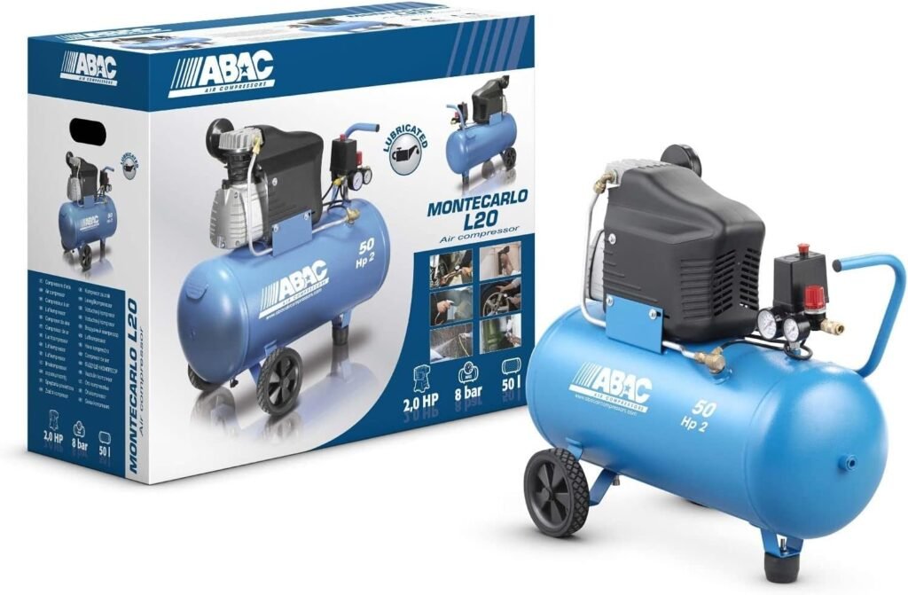 ABAC Pro Montecarlo L20 Air Compressor, Air Compressor, 50 Liters, Double Pressure Gauge, Max Pressure 10 Bar, Oil Injection, Transport Wheels, Power 2 CV, Sky Blue          [Energy Class B]