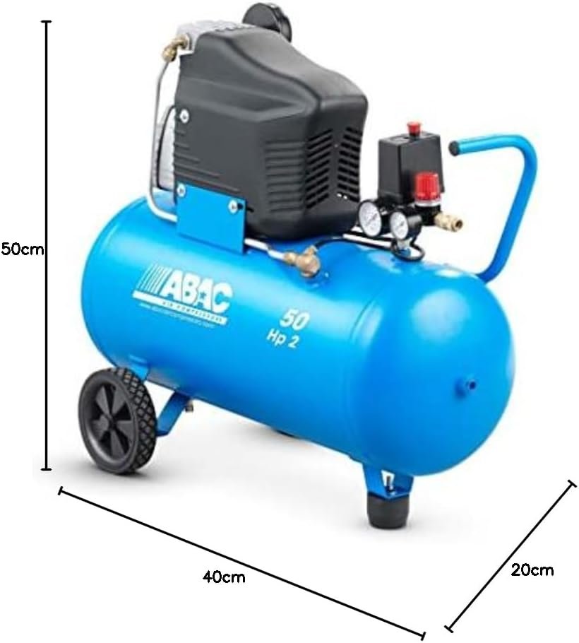 ABAC Pro Montecarlo L20 Air Compressor, Air Compressor, 50 Liters, Double Pressure Gauge, Max Pressure 10 Bar, Oil Injection, Transport Wheels, Power 2 CV, Sky Blue          [Energy Class B]