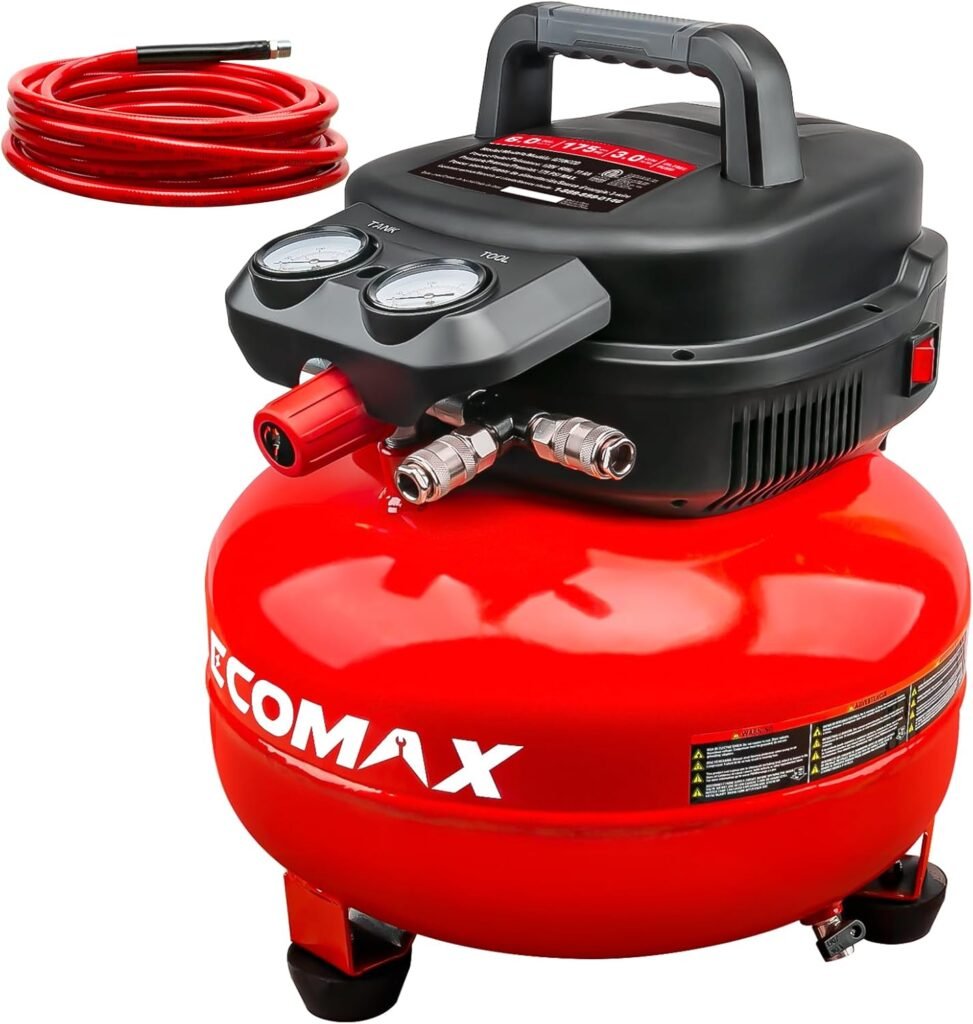 ECOMAX Air Compressor, 6 Gallon Pancake Air Compressor with 25ft Air Hose, Max Pressure 175PSI/1.5HP, Compressor for Air Tools, Car Tires,