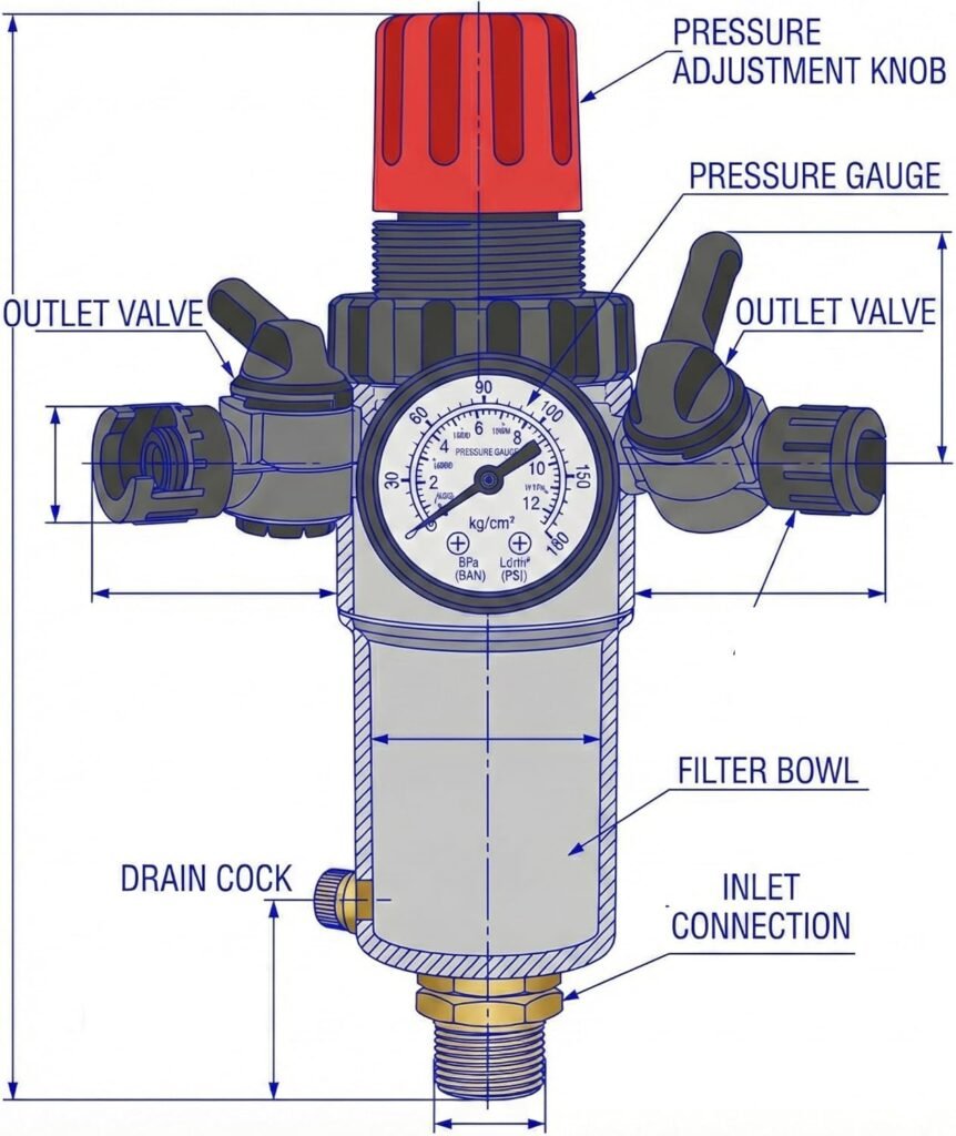 ORAZIO Air Filter Regulator 3/8, Air Compressor Moisture Water Separator Trap with Pressure Reducing Valve and Guage, Pneumatic Tool Accessory 214107