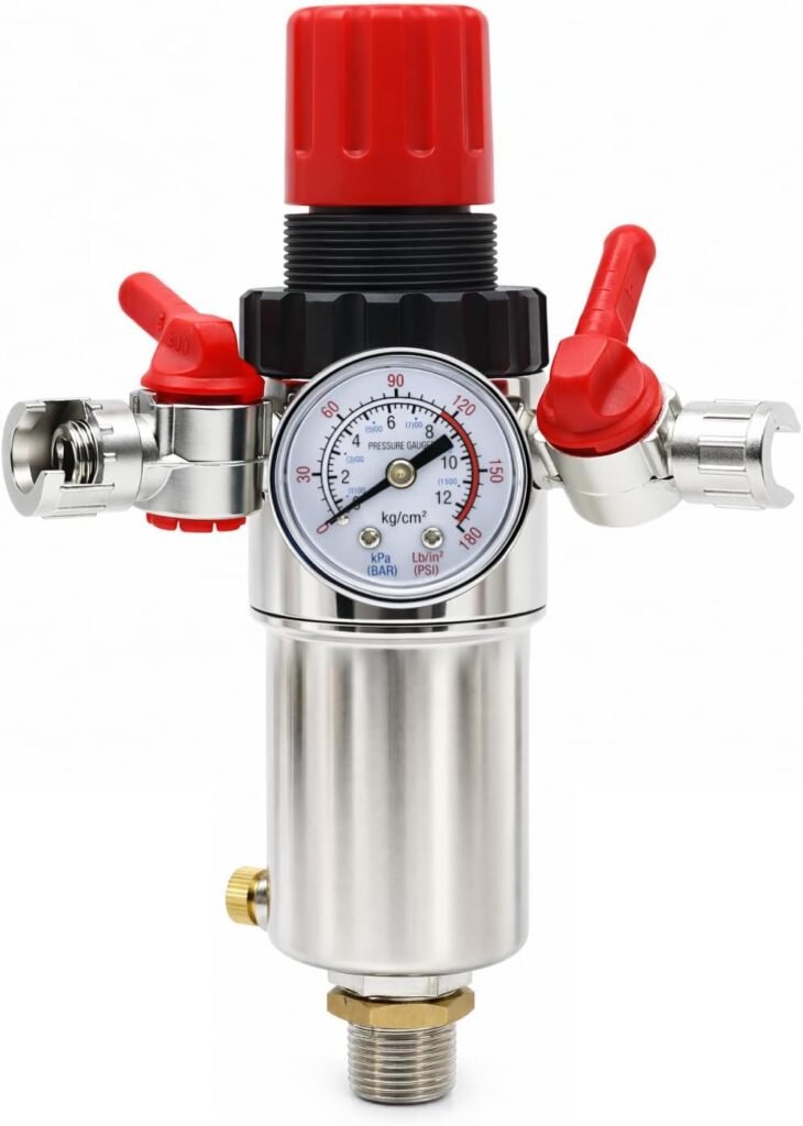 ORAZIO Air Filter Regulator 3/8, Air Compressor Moisture Water Separator Trap with Pressure Reducing Valve and Guage, Pneumatic Tool Accessory 214107