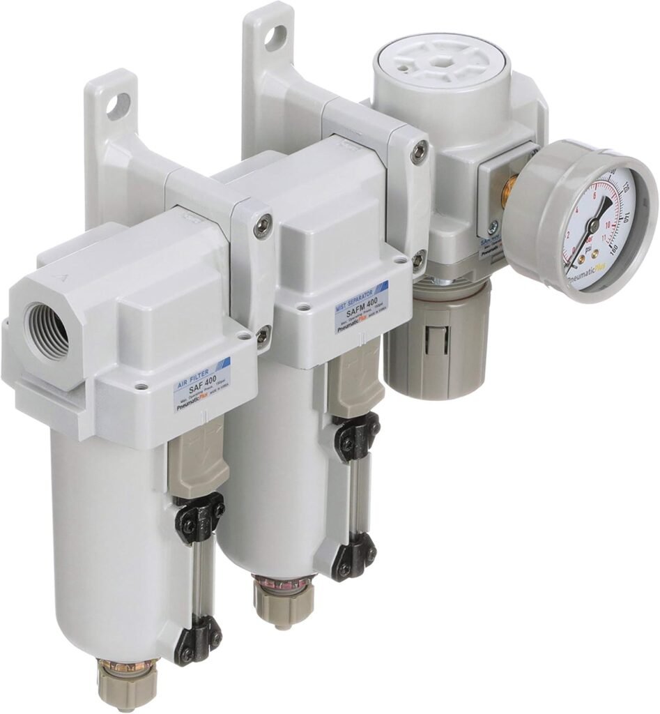 PneumaticPlus SAU430-N06G-MEP Three Stage Air Drying System Particulate Air Filter, Coalescing Filter, Air Pressure Regulator Combo 3/4 NPT - Metal Bowl, Manual Drain, Bracket, Gauge