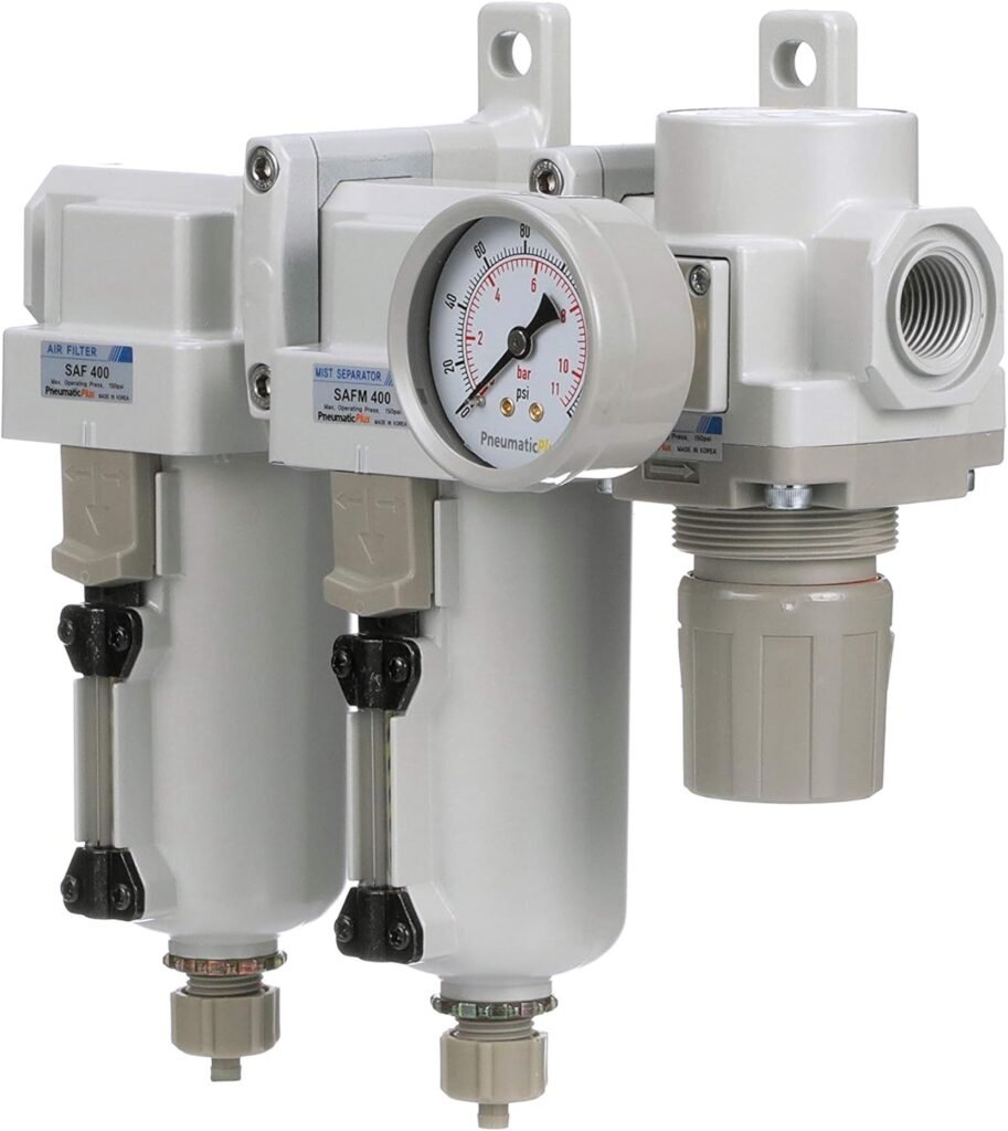 PneumaticPlus SAU430-N06G-MEP Three Stage Air Drying System Particulate Air Filter, Coalescing Filter, Air Pressure Regulator Combo 3/4 NPT - Metal Bowl, Manual Drain, Bracket, Gauge