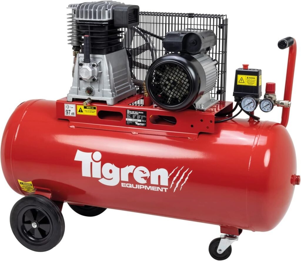 TIGREN Belt Drive Air Compressor, Twin Cylinder Oil-Lubricated 230V 13A, 100L, 3hp / 2.2kW, 150psi / 10 Bar 14CFM 97dB
