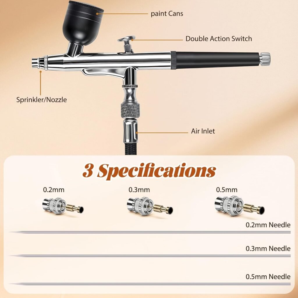 Airbrush Kit with Air Compressor, 22/30/50 PSI High Pressure Air Brush Non-Clogging with 0.2/0.3/0.5mm Nozzle/Cleaning Sets, Ideal for Painting, Modeling, Cake Decor, Makeup,Nail Art