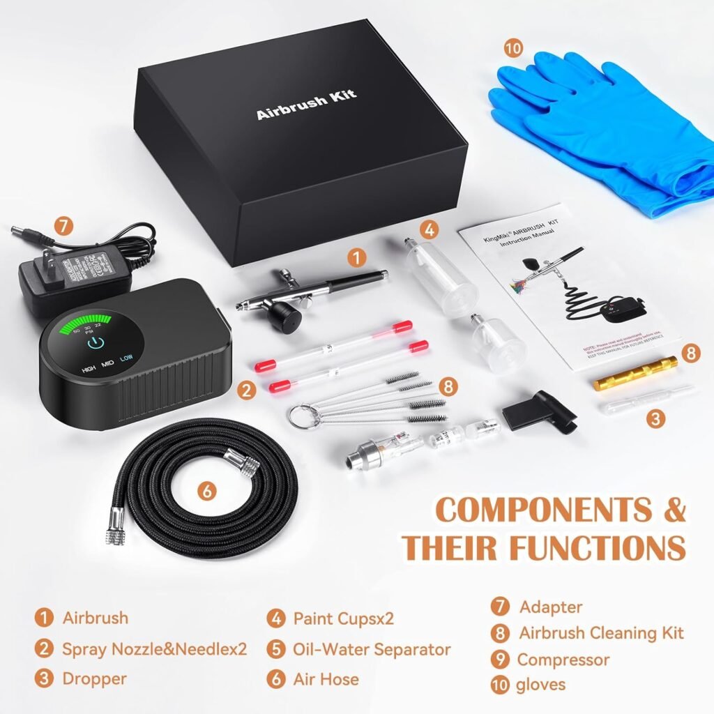 Airbrush Kit with Air Compressor, 22/30/50 PSI High Pressure Air Brush Non-Clogging with 0.2/0.3/0.5mm Nozzle/Cleaning Sets, Ideal for Painting, Modeling, Cake Decor, Makeup,Nail Art
