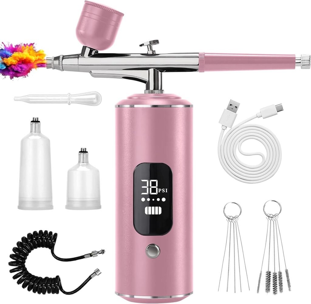 Airbrush Kit with Air Compressor, Cordless Rechargeable with 0.3mm Nozzle and Cleaning Brush,3 High-Pressure Modes Handheld Spray Machine for Painting, Cake Decor, Pastry, Makeup, Nail Art (Pink）