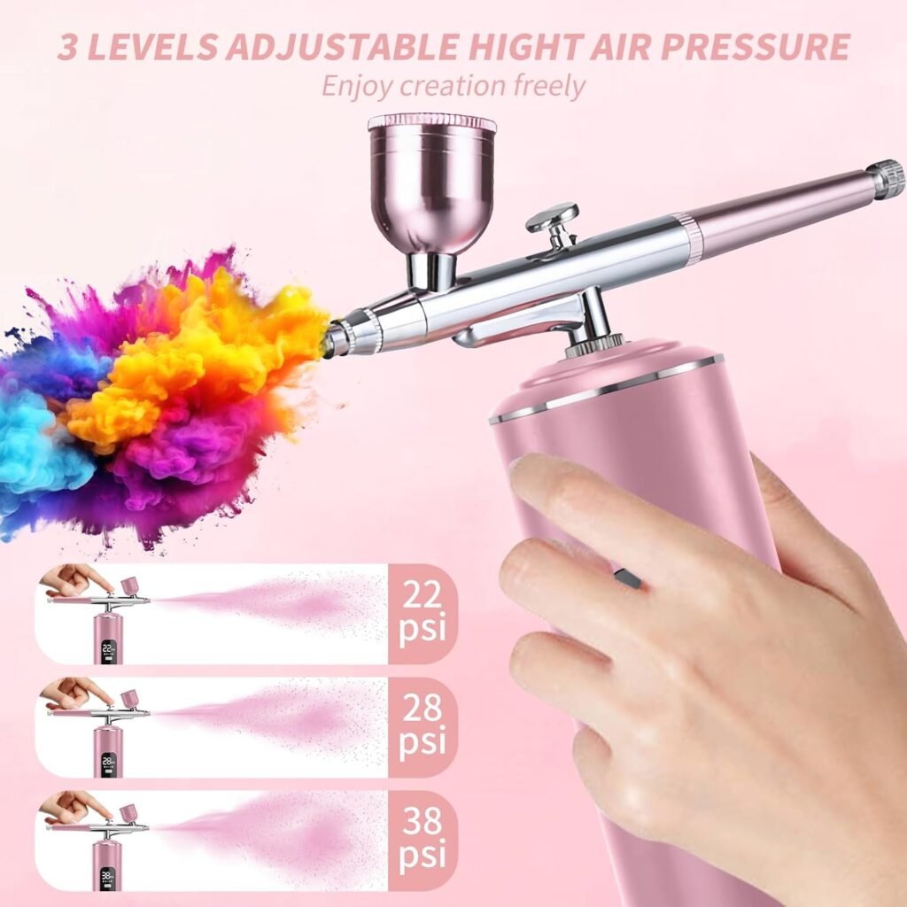 Airbrush Kit with Air Compressor, Cordless Rechargeable with 0.3mm Nozzle and Cleaning Brush,3 High-Pressure Modes Handheld Spray Machine for Painting, Cake Decor, Pastry, Makeup, Nail Art (Pink）