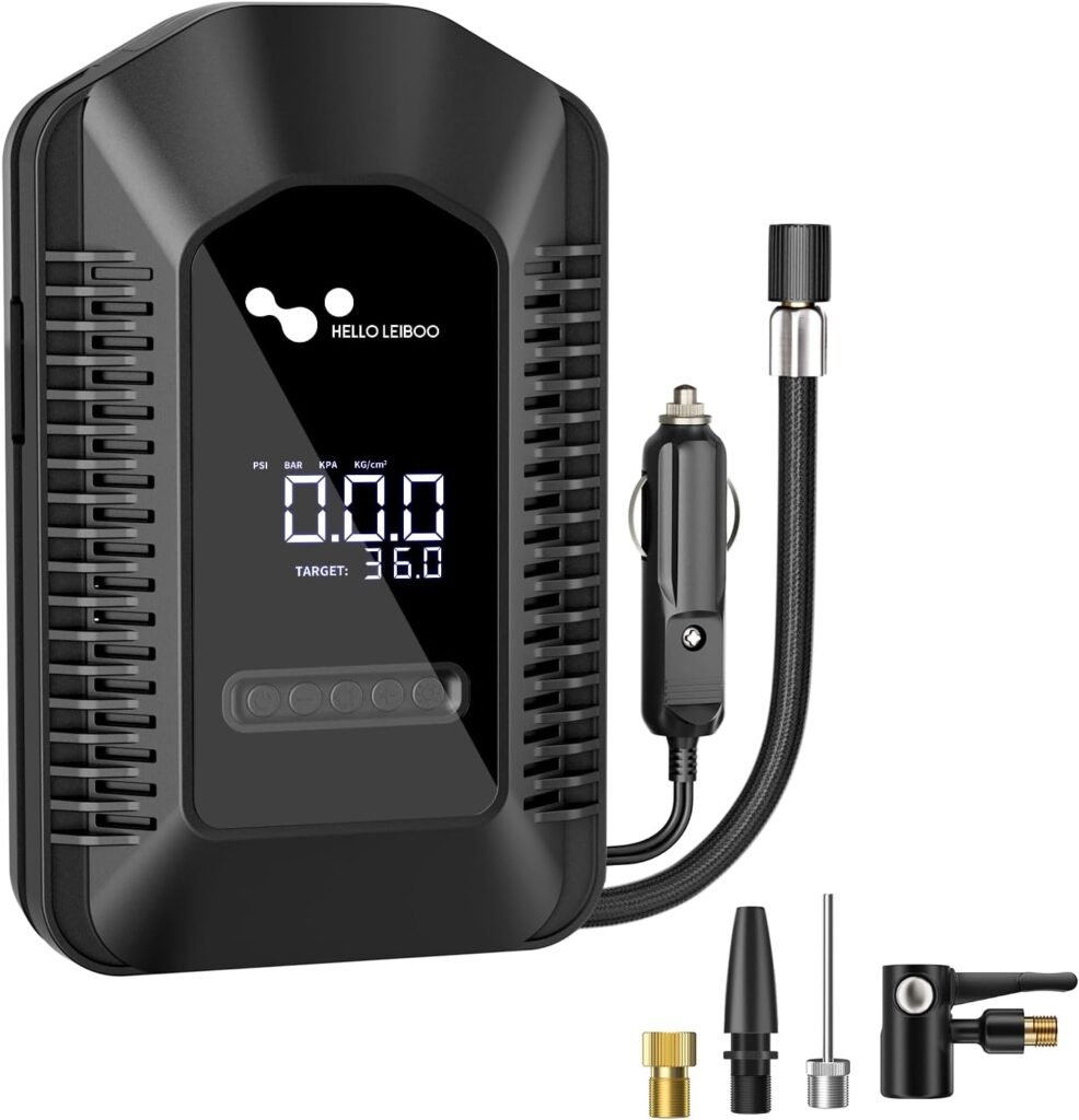 Helloleiboo Tire Inflator Portable Air Compressor, 12 Volt DC Car Tire Pump with 150 PSI Digital LCD Pressure Gauge and IED Light for Fast Inflation of Car, Motorcycle and Bicycle Tires.