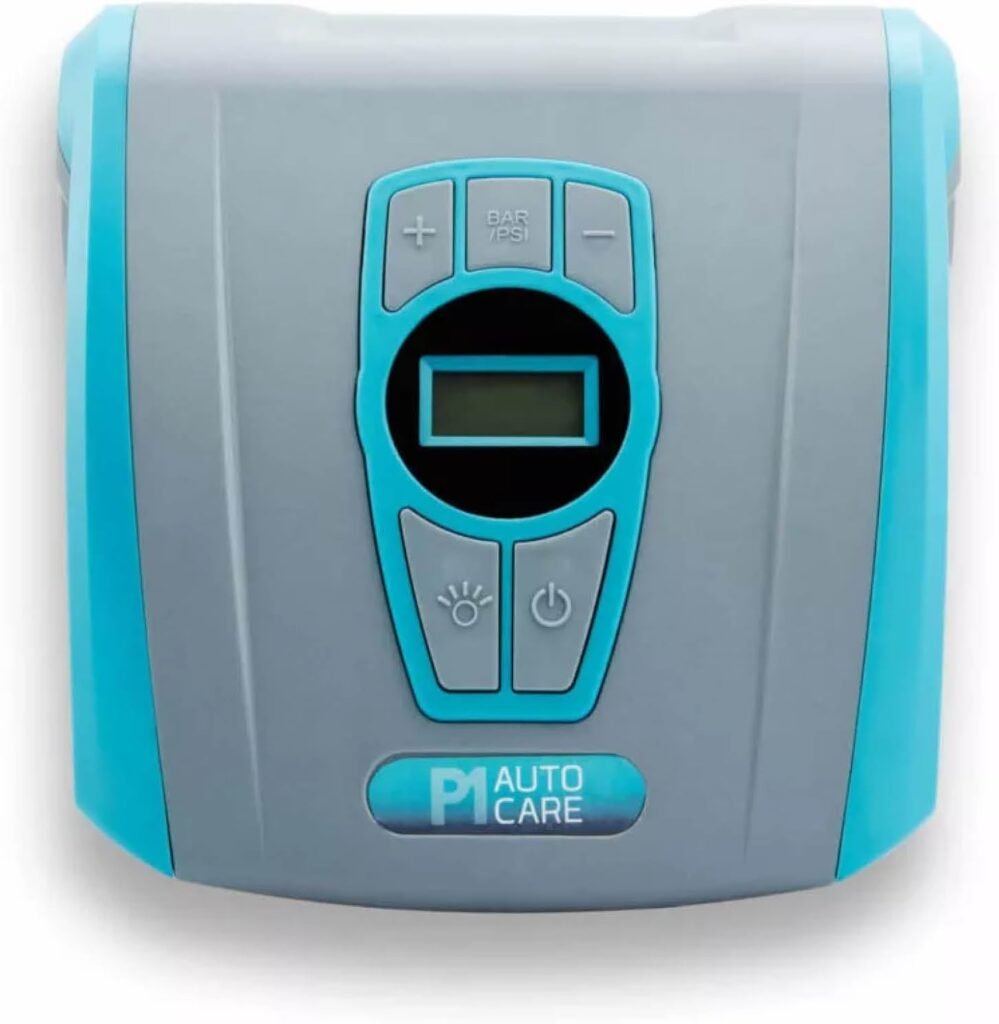 P1 Autocare Portable Air Compressor 150PSI Car Tyre Pump for Motorcycle, Bike, Balls, Pressure LED Light, LCD Screen, Fast Inflation, Low Noise, Grey/Teal P1 Autocare Portable Air Compressor 150PSI Car Tyre Pump for Motorcycle, Bike, Balls, Pressure LED Light, LCD Screen, Fast Inflation, Low Noise, Grey/Teal