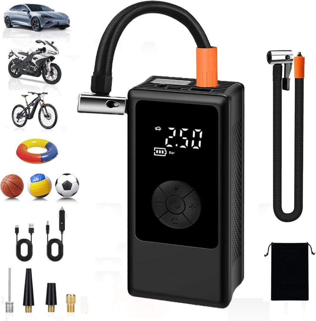 Portable Tire Inflator for Compact Car, 1 Minute Fast Inflation Electric Pump with Digital Tire Pressure Gauge, 150 PSI Air Compressor for Bicycles