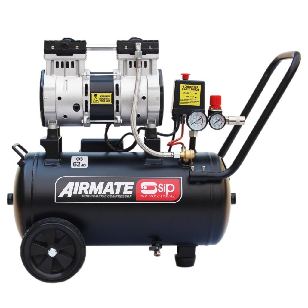 SIP Airmate Air Compressor Low Noise Oil-Free Direct Drive, 230V 24L 2hp 1.5kW 116psi 8 Bar 9.6CFM