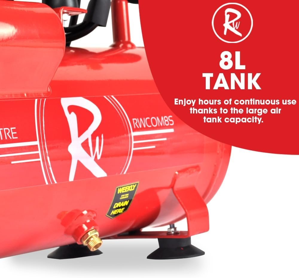 RocwooD Air Compressor Electric 8L Litre 0.75HP 550w Silent Portable Oil Free 8bar 116psi 4CFM Piece Accessories Kit Workshop Garage 230v Pin UK Plug Red Low Noise 15kg