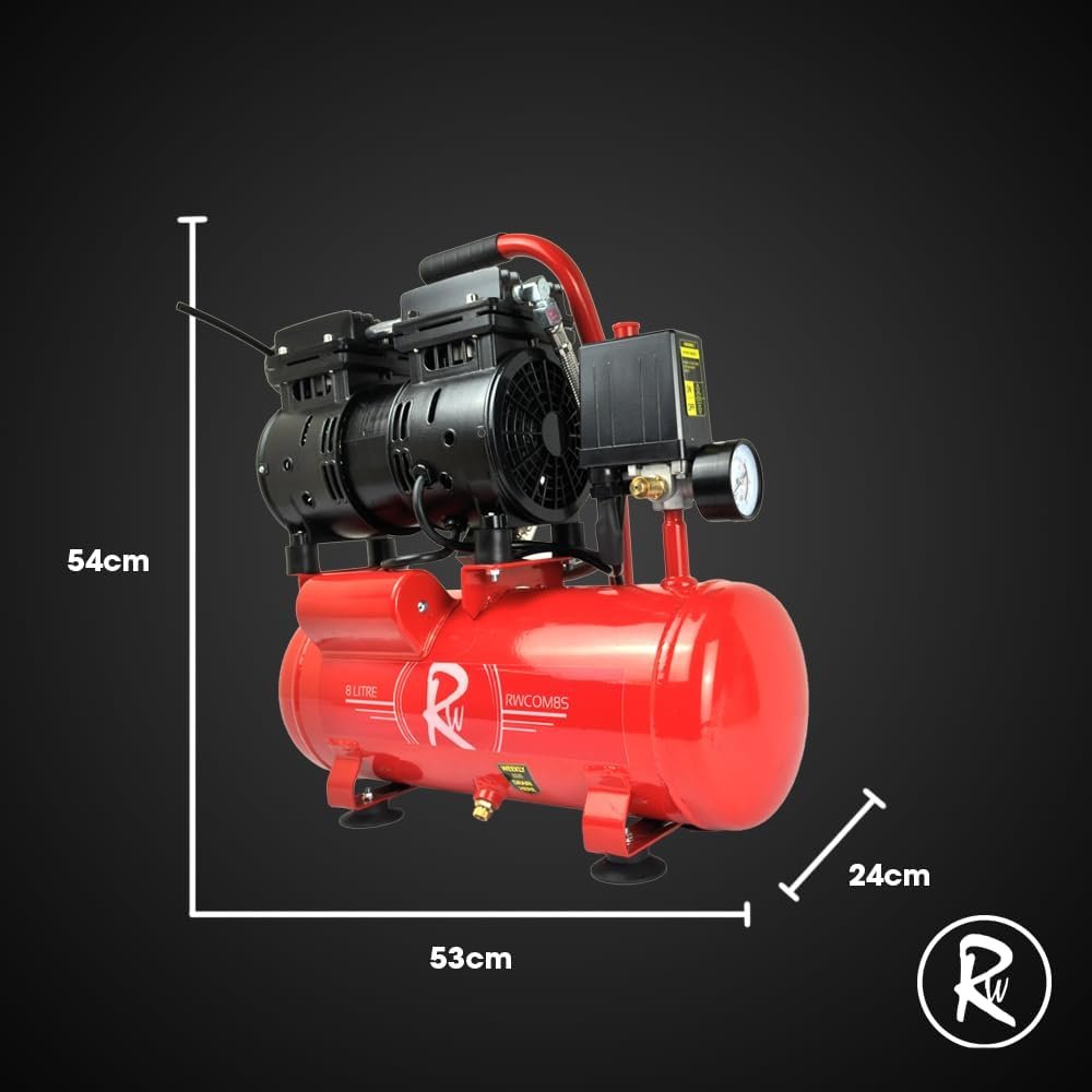 RocwooD Air Compressor Electric 8L Litre 0.75HP 550w Silent Portable Oil Free 8bar 116psi 4CFM Piece Accessories Kit Workshop Garage 230v Pin UK Plug Red Low Noise 15kg