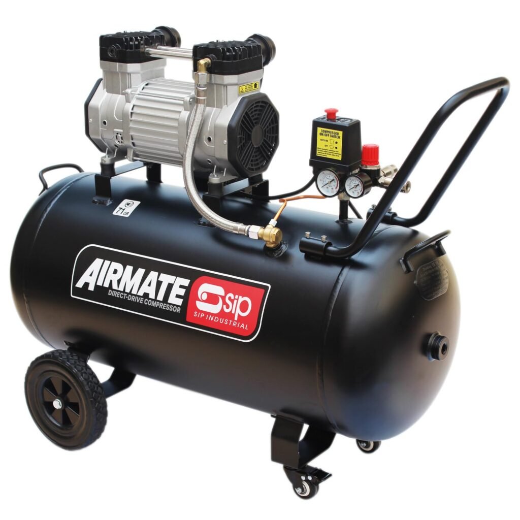 SIP Airmate Air Compressor Low Noise Oil-Free Direct Drive, 230V 100L 3hp 2.2kW 116psi Bar 15CFM SIP Airmate Air Compressor Low Noise Oil-Free Direct Drive, 230V 100L 3hp 2.2kW 116psi Bar 15CFM