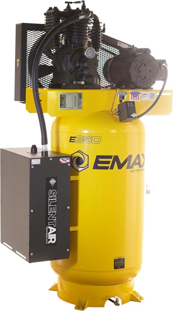 EMAX E350 Stationary Air Compressor - 5hp Gal. Stage Single Phase Industrial Compressor with Pressure Lubricated Pump Silent Air System - ESP05V080I1 EMAX E350 Stationary Air Compressor - 5hp Gal. Stage Single Phase Industrial Compressor with Pressure Lubricated Pump Silent Air System - ESP05V080I1