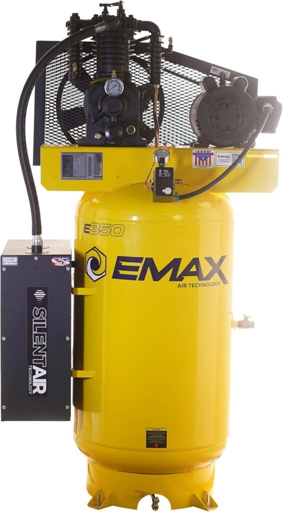EMAX E350 Stationary Air Compressor - 5hp Gal. Stage Single Phase Industrial Compressor with Pressure Lubricated Pump Silent Air System - ESP05V080I1 EMAX E350 Stationary Air Compressor - 5hp Gal. Stage Single Phase Industrial Compressor with Pressure Lubricated Pump Silent Air System - ESP05V080I1