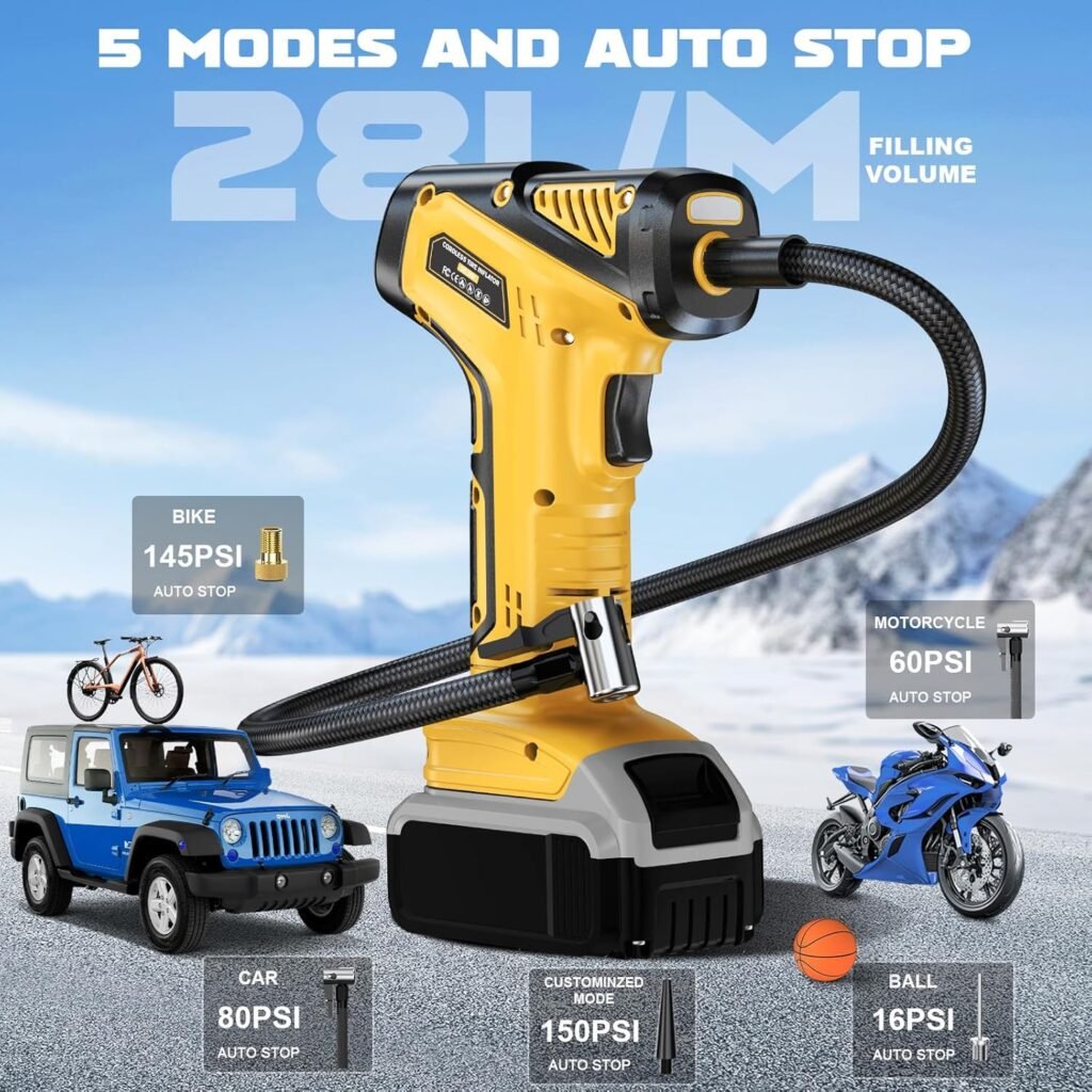 Ecarke Cordless Tyre Inflator: Air Compressor for De Walt 20V Battery, Max 10Bar(150 PSI)- Portable Electric Air Pump with Digital Pressure Gauge for Car, Motorcycle, Bike, Sports Ball etc(Tool Only)