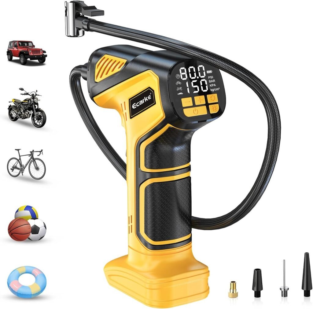 Ecarke Cordless Tyre Inflator: Air Compressor for De Walt 20V Battery, Max 10Bar(150 PSI)- Portable Electric Air Pump with Digital Pressure Gauge for Car, Motorcycle, Bike, Sports Ball etc(Tool Only)