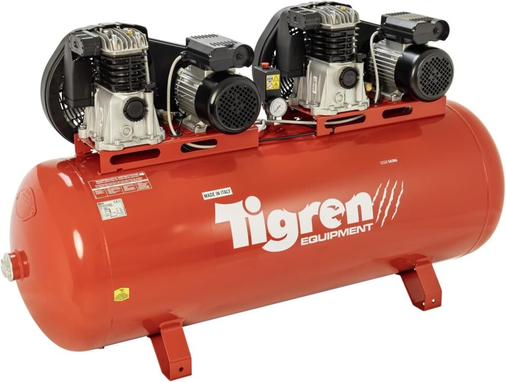 TIGREN Tandem Belt Drive Air Compressor, Oil-Lubricated 230V 32A, 270L, 6hp (2 x 3hp) / 2.2kW, 145psi / Bar 25CFM